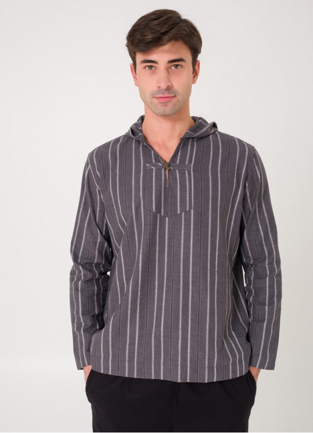 Shepherd Button Detailed Hooded Gray Striped Men's Shirt